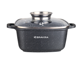 Каструля квадратна з арома-кришкою BRAVIRA BlackForge  2.8л, розмір - 20х9см з литого алюмінію з 3-шаровим мармуровим покриттям (BR8003-20)