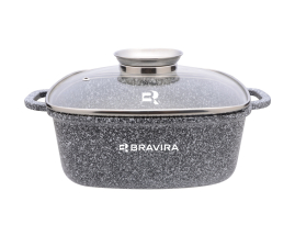 Кастрюля квадратная с арома-крышкой BRAVIRA CraftStone 6.5л, размер - 28х11см из литого алюминия с 3-слойным мраморным покрытием (BR8006-28)