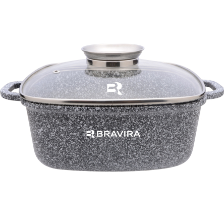 Кастрюля квадратная с арома-крышкой BRAVIRA CraftStone 6.5л, размер - 28х11см из литого алюминия с 3-слойным мраморным покрытием (BR8006-28) - 1