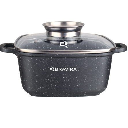 Каструля квадратна з арома-кришкою BRAVIRA BlackForge 5.4л, розмір - 26х10.5см з литого алюмінію з 3-шаровим мармуровим покриттям (BR8003-26) - 1